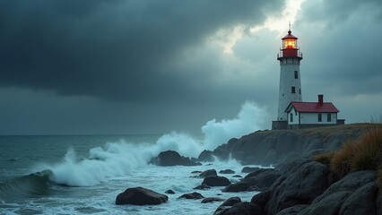 Obraz premium Old lighthouse enduring stormy seas with crashing waves and dark clouds, illustrating resilience against nature for environmental awareness and climate change discussions.