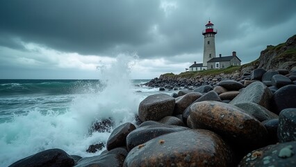 Old lighthouse with crashing waves against coastal stones under dark clouds, illustrating resilience in stormy weather for environmental awareness and climate change discussions.