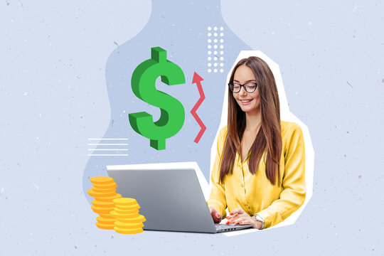 young woman in glasses sitting at laptop with dollar sign and stack of coins. Composite collage