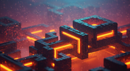 Futuristic Abstract Cityscape with Glowing Orange Energy Lines.