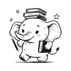 Cartoon baby elephant reading between book stacks with perched bird in monochrome sketch style, vector