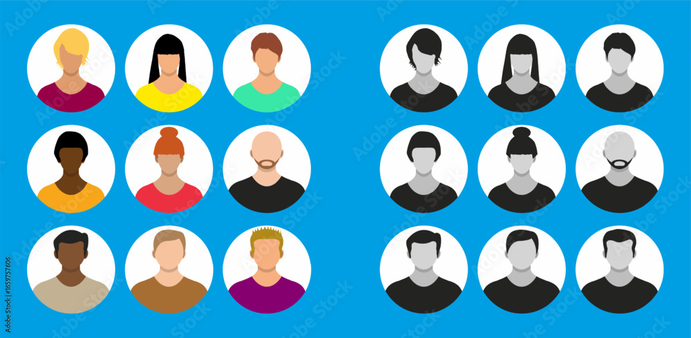 Poster diverse male and female avatar icon set with flat style design. user profile collection for web and 