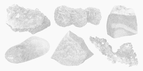 Collection of cut gemstone illustrations in various forms. Vintage stipple textures, layered halftone, subtle grain and dusty offset print imperfections.