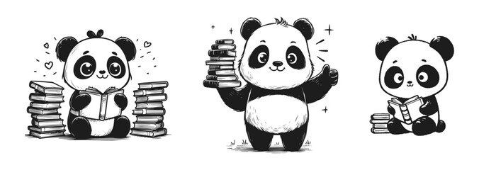 Whimsical cartoon pandas reading and playing with books in monochrome sketch style, vector © Lena
