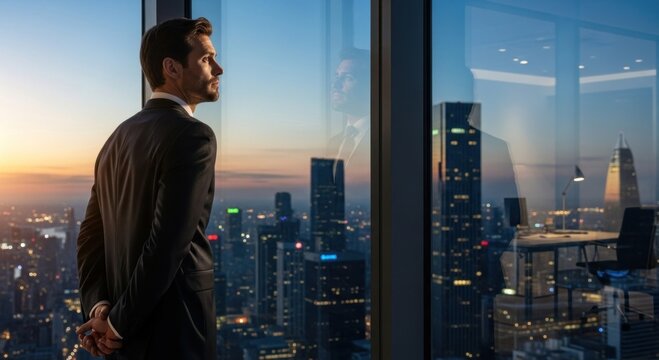Businessman Looking Out Office Window at Sunset Cityscape