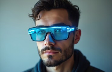A man with short dark hair wears futuristic blue glowing glasses. Head and shoulder shot of male with beard and stubble field. Serious expression and gaze. Modern, stylish tech eyewear concept.