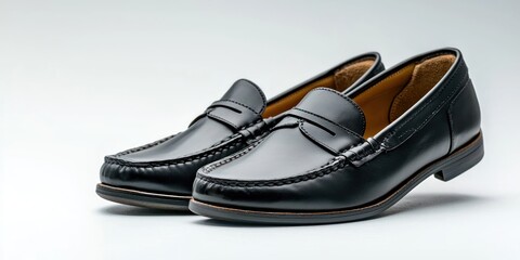 Fototapeta premium A pair of black leather loafers sits on a white surface. The shoes have a classic penny loafer design with a dark brown footbed.