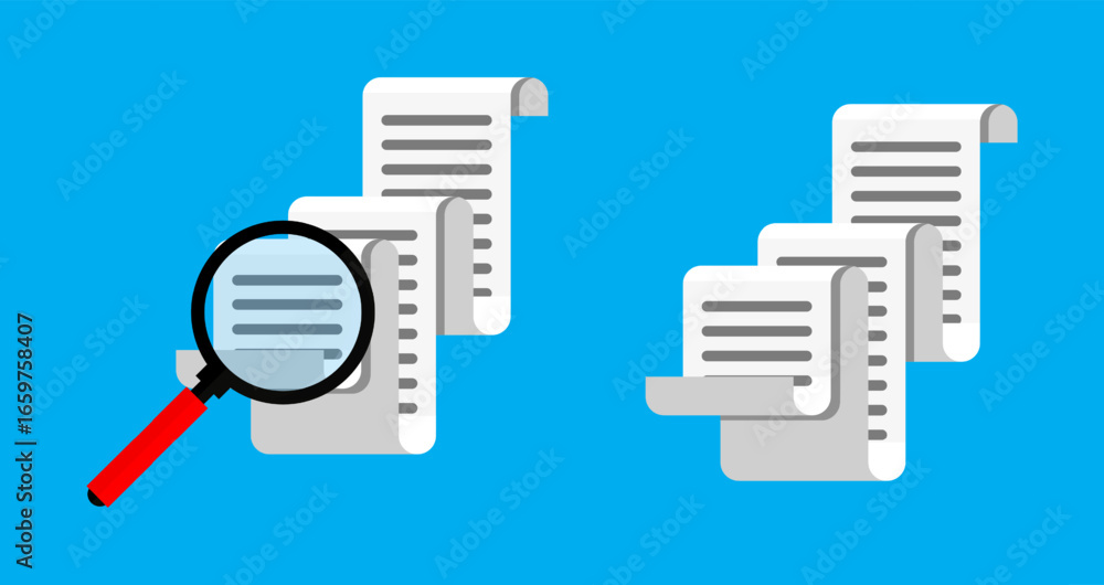 Poster magnifying glass over documents with text lines. paper sheets. search and review concept for busines