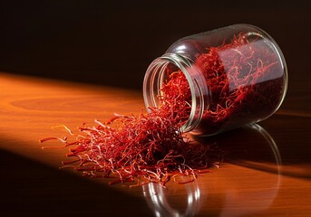 Fototapeta premium Saffron threads spilling from jar, luxury spice with warm light