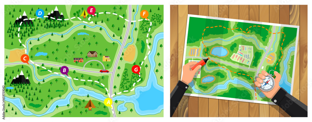 Poster flat style stock vector set collection illustration of a map with points and a hand holding a compas