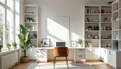 Modern home office interior with white bookshelves, white desk, brown chair. Large windows flood space with natural light, potted plants, neatly arranged books, creating serene work environment.
