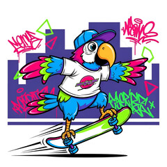 Fototapeta premium Colorful Cartoon Parrot Wearing Cap Skateboarding in Urban Graffiti Scene