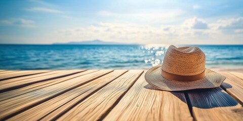 Straw hat on wooden pier with blue ocean horizon symbolizing summer travel and relaxation