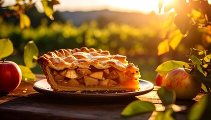 Slice of apple pie on rustic wooden table at sunset