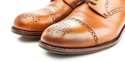 A pair of brown leather shoes is displayed on a white surface. The shoes have a classic wingtip design with decorative perforations on the cap and vamp. 