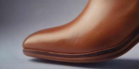 A close-up shot of a brown leather boot heel, showcasing the rich texture and craftsmanship of the shoe. The boot heel is positioned on a gray, slightly textured surface. 