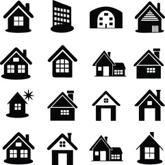 Collection of diverse residential and commercial building silhouettes for architectural design and real estate marketing purposes