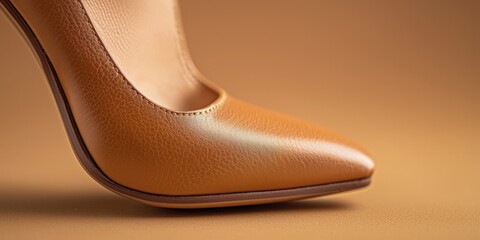 A close-up shot of a brown leather high heel shoe resting on a warm brown surface. The shoe has a pointed toe and a sleek, curved heel. 