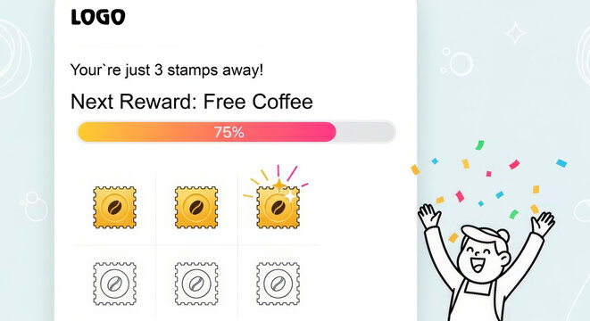 Mobile app interface for a coffee loyalty program with a progress bar, digital stamps, and a cheerful character celebrating rewards