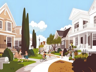 A Sunny Day in a Charming Neighborhood with Kids and Homes