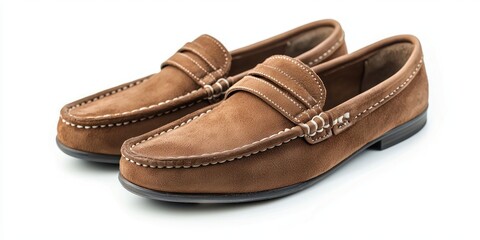 A pair of brown suede loafers sits on a white surface. The shoes have a classic moccasin design with a grosgrain trim around the sole and a tonal stitching detail. 