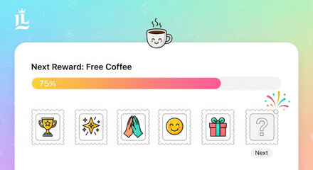 Mobile app interface for a loyalty program with a progress bar, cheerful coffee cup character, and a variety of reward icons