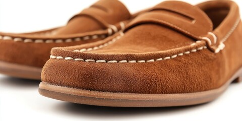 A pair of brown suede loafers are displayed on a white surface. The shoes have a classic design with a rounded toe, a grosgrain ribbon strap across the vamp, and white stitching detailing the edges.
