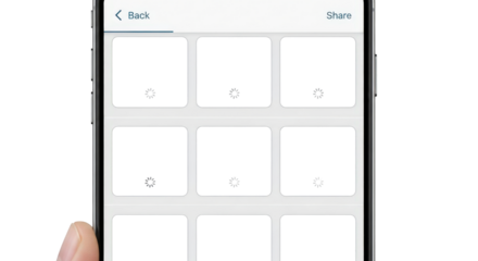 A hand holding a mobile phone screen displaying a file or image gallery with loading placeholders on a clean transparent background