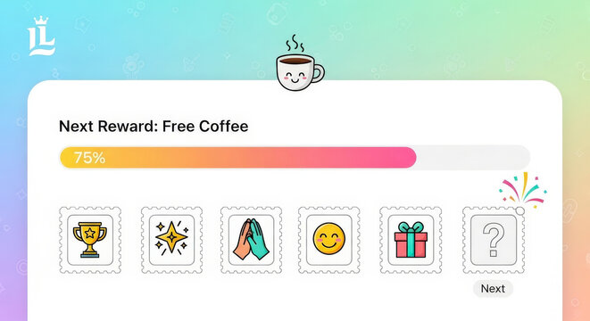 Mobile app interface for a loyalty program with a progress bar, cheerful coffee cup character, and a variety of reward icons - Powered by Adobe