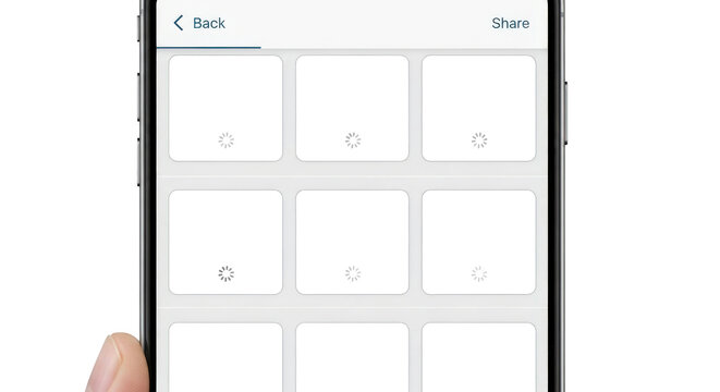 A hand holding a mobile phone screen displaying a file or image gallery with loading placeholders on a clean transparent background