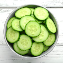 Sliced cucumbers in a bowl on a white wooden surface