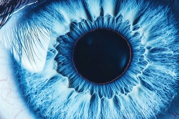 Extreme closeup of human blue eye with detailed iris texture and futuristic abstract design.