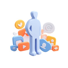 3D figure with digital communication icons, representing social media