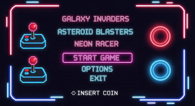 Retro-futuristic video game menu interface with glowing neon text, pixelated joysticks, and illuminated buttons against a dark grid background