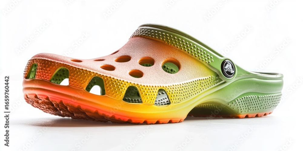Poster a single pair of croc sandals is displayed against a white background. the crocs feature a gradient 