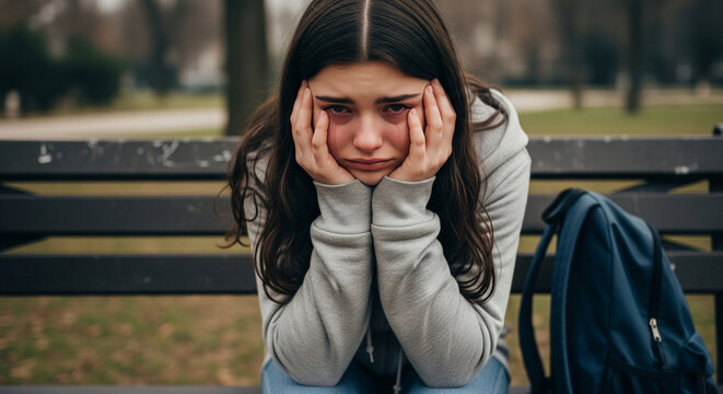 Upset, depressed teenage girl after being bullied by peers. Bullying at school, bullying at work, bullying among friends - Powered by Adobe