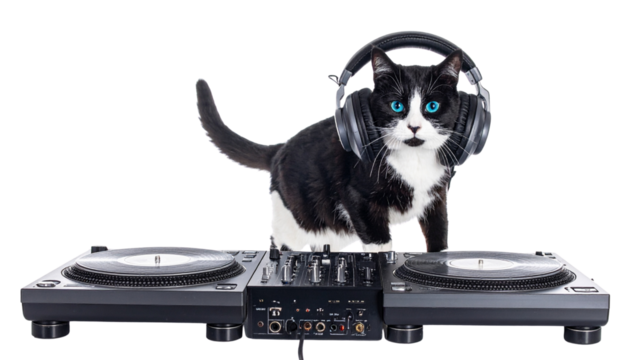 Adorable black and white cat with blue eyes playing music as a DJ, wearing headphones and standing at a turntable mixer console isolated on solid white background in Png