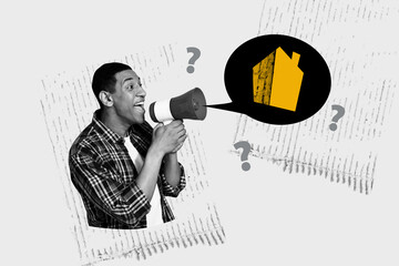 Trend artwork banner sketch 3D photo collage of young man talk megaphone speech cloud home realtor...