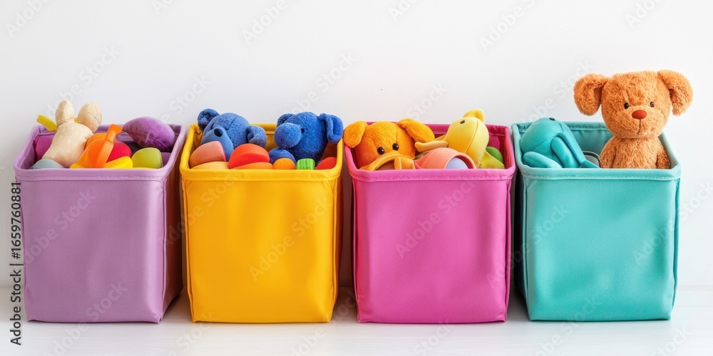 Poster four colorful storage bins are arranged in a row against a white wall. each bin is filled with plush