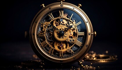 Close-up of antique gold watch, intricate gears visible