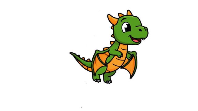 A cheerful, cartoon-style green dragon with orange wings and accents, depicted in a playful, mid-air pose against a white background.