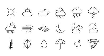 Minimalist line art weather icons on a transparent background, perfect for digital design and user interface applications