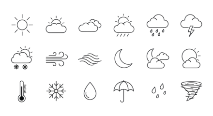 Minimalist line art weather icons on a transparent background, perfect for digital design and user interface applications