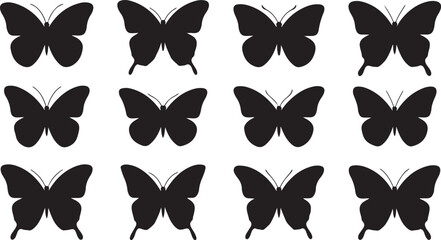 Obraz premium Black butterfly silhouettes. Outline butterflies romantic tattoo, tropical insects stencil. Summer and spring exotic symbols isolated vector set. Elegant wild flying moth of various shapes 