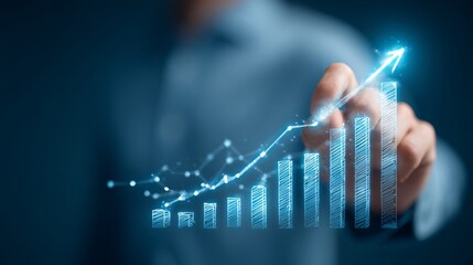 Businessman analyzing financial growth with business graph, stock profit chart, investment strategy, marketing plan, and upward arrow on blue background showing business improvement, market data analy