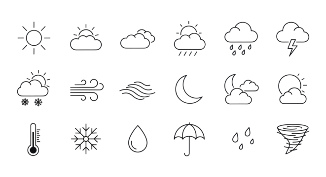 Minimalist line art weather icons on a transparent background, perfect for digital design and user interface applications - Powered by Adobe