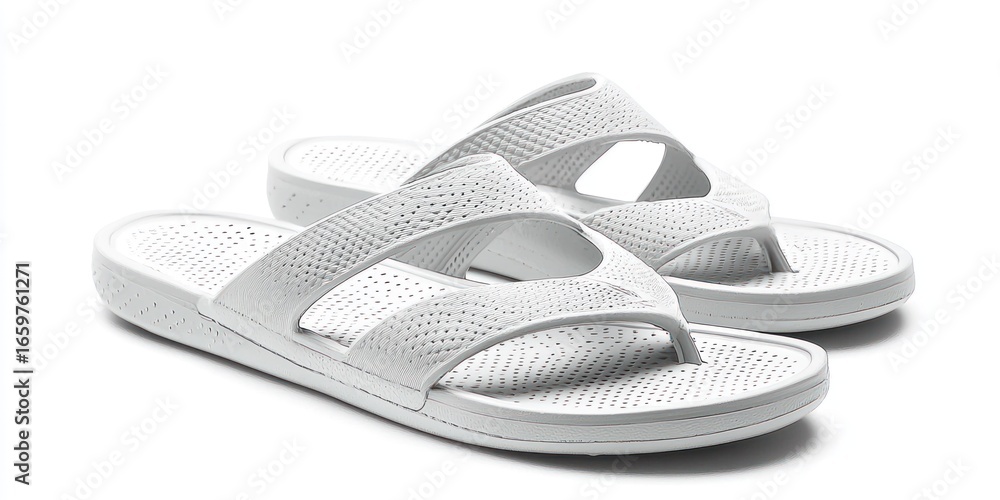 Poster a pair of light gray, open-toe flip-flops rests on a white surface. the sandals feature a crisscross
