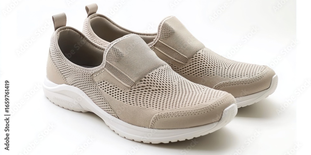 Poster a pair of light beige slip-on shoes sits on a white surface. the shoes have a mesh upper with a roun