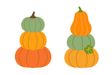 Set of hand drawn Autumn harvest pumpkins flat stock vector illustration.
Fall three-layer orange and  green pumpkins element.
Design element for harvest festival, Thanksgiving. 
White background.