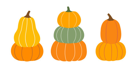 Set of hand drawn Autumn harvest pumpkins flat stock vector illustration.
Fall double and triple stacked pumpkinselement.
Design element for harvest festival, Thanksgiving. 
White background.